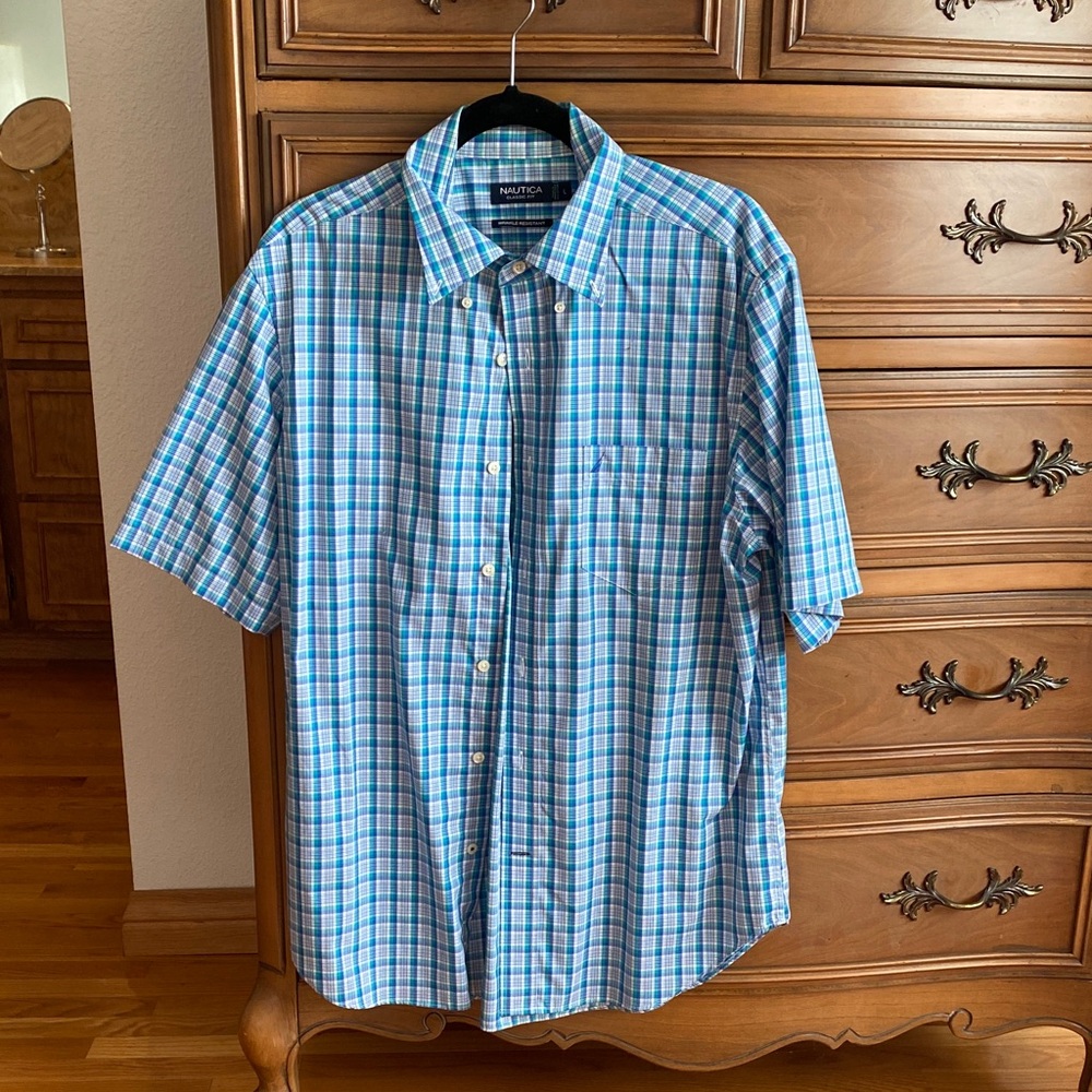 Nautica Blue and White Plaid Short-Sleeve Button-Down Shirt
